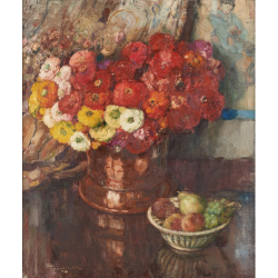 fernand-toussaint-nature -morte-vase-fleuri-et-coupe-de-fruits